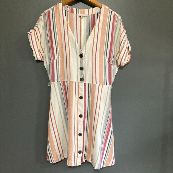 American Eagle Womens Size M Beach Cotton Dress Mini Stripes Button Down Sleeve - Picture 1 of 8